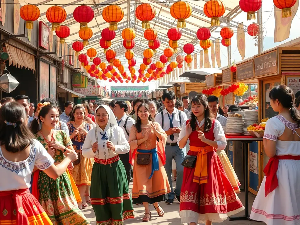 A photograph capturing a lively scene from a regional cultural festival, featuring traditional music, dance, and local cuisine, highlighting the community spirit and cultural celebration.