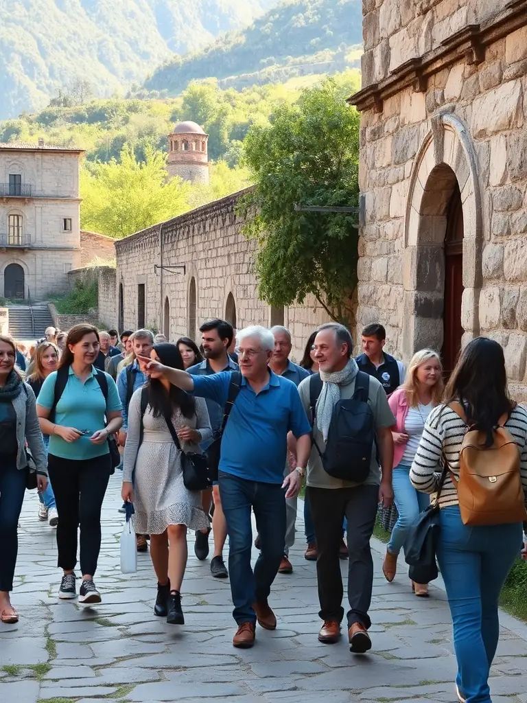 A photograph of a guided heritage tour group exploring historical sites and landmarks in Eygurande, led by a knowledgeable guide from ASS ICORANDA LIMOUSIN MARCHE AUVERGNE.