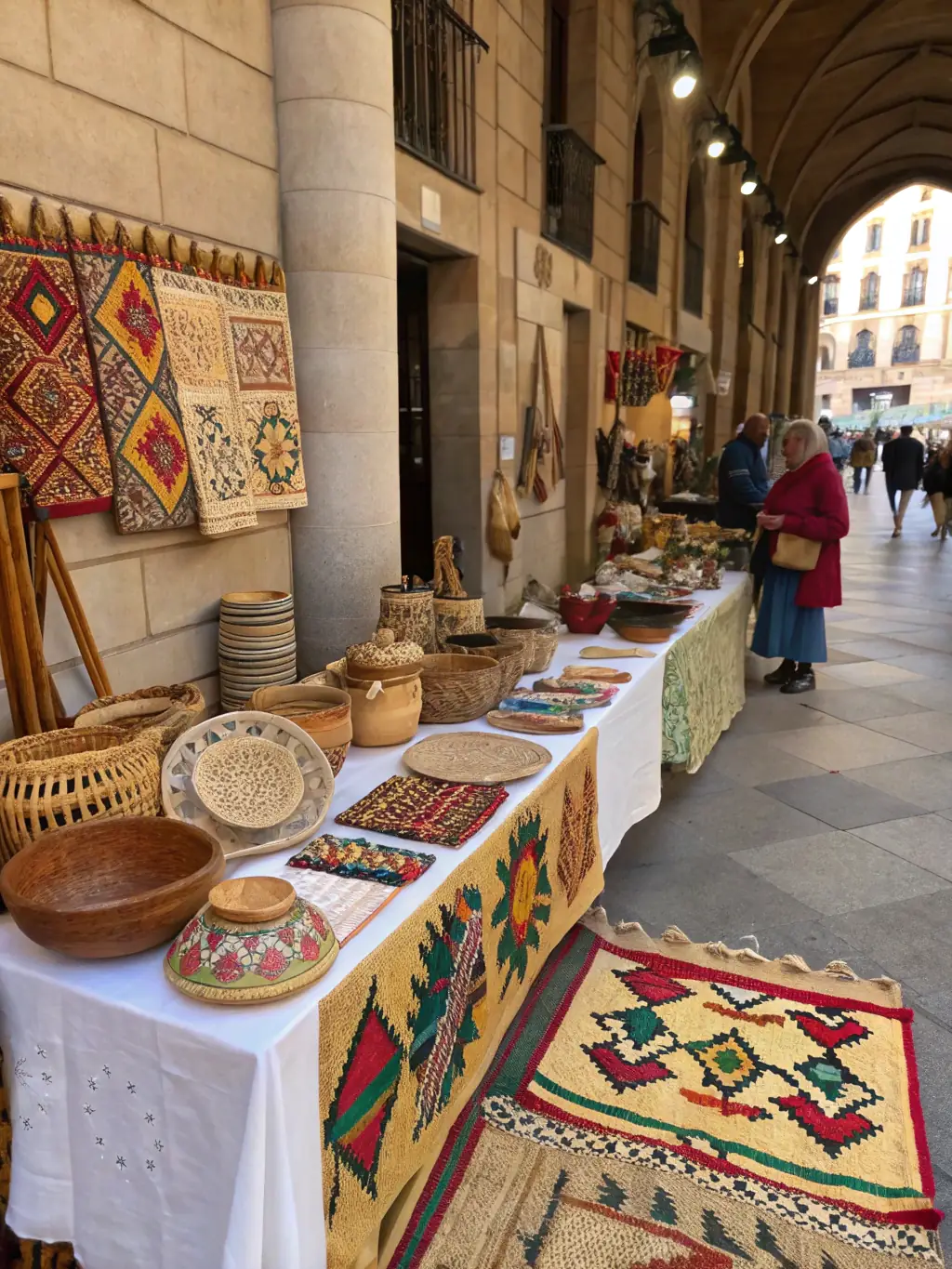 An image of artisans demonstrating traditional crafts during a community festival, with vibrant costumes and handcrafted items on display, showcasing the Cultural Heritage Programs of ASS ICORANDA LIMOUSIN MARCHE AUVERGNE.
