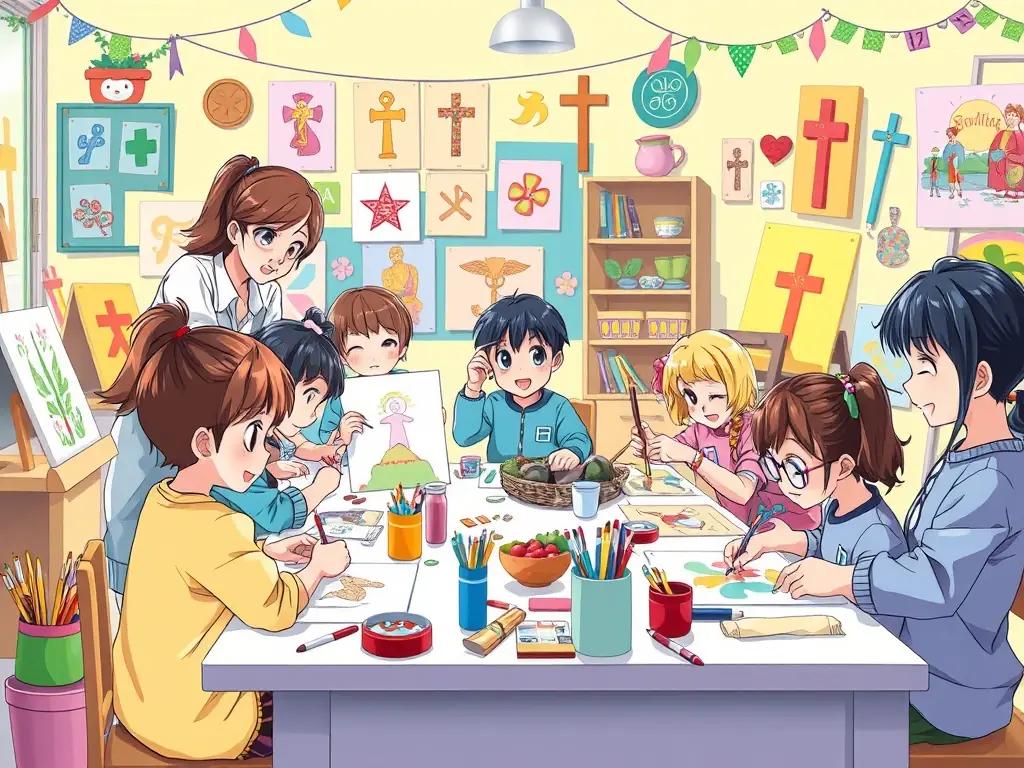 A group of children and adults participating in a traditional cooking or craft workshop, actively engaged and learning.