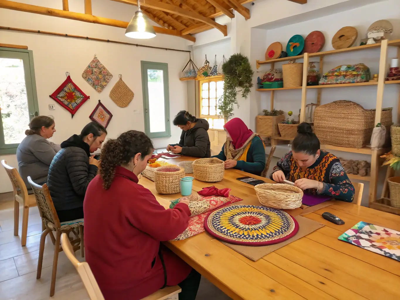 A photograph capturing participants actively engaged in a traditional artisan workshop, learning a local craft from a skilled artisan.
