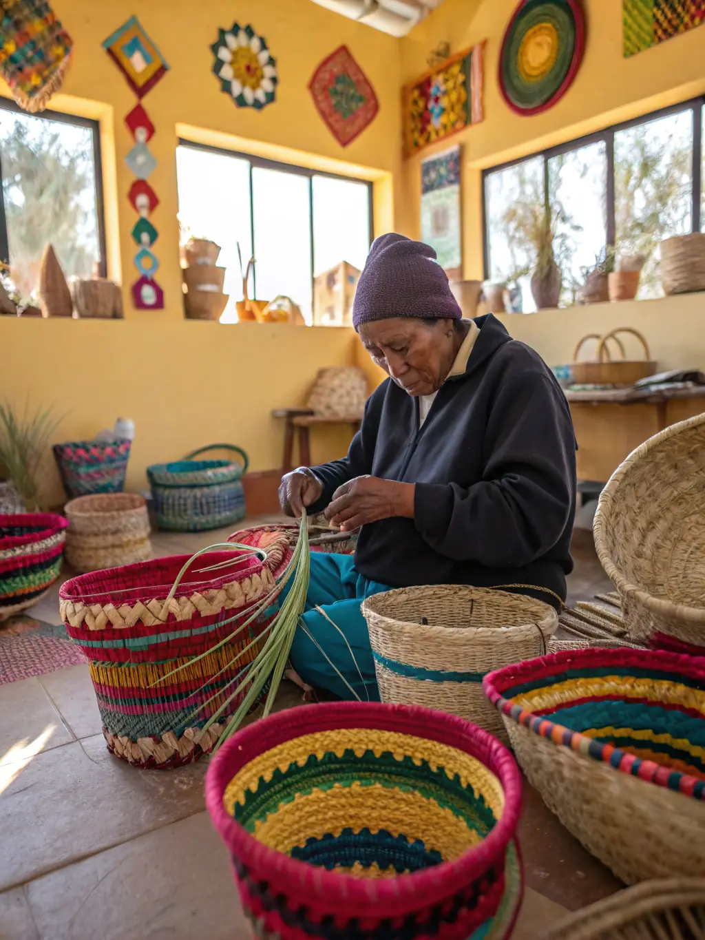 A colorful image of a local artisan demonstrating traditional craft techniques during a workshop at an ASS ICORANDA LIMOUSIN MARCHE AUVERGNE cultural festival in Auvergne.