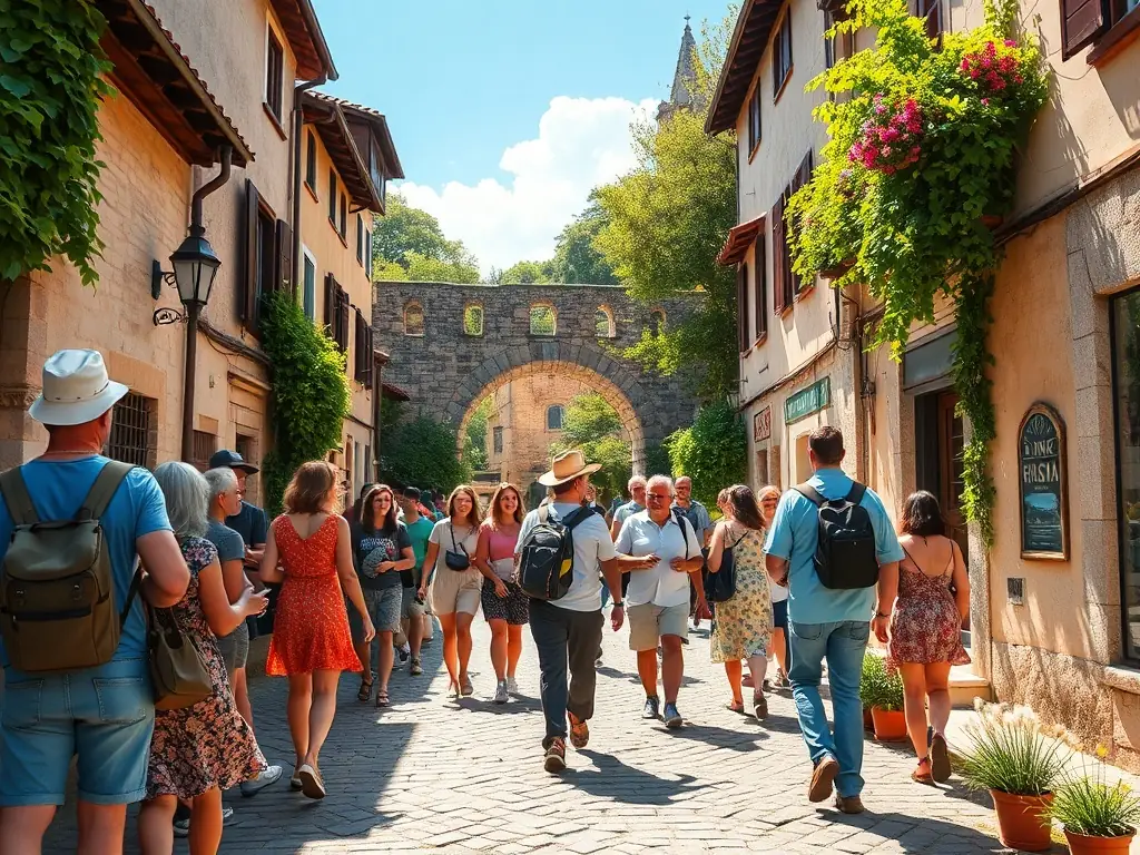 A vibrant image showcasing participants enjoying a guided heritage tour through the Eygurande region, highlighting historical landmarks and cultural sites.