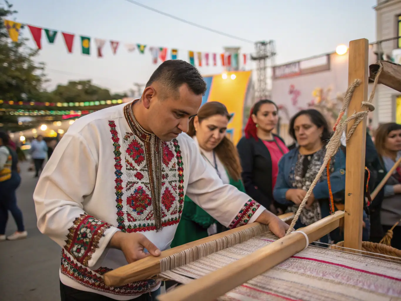 An image of artisans demonstrating traditional crafts during a community festival, with vibrant costumes and handcrafted items on display.