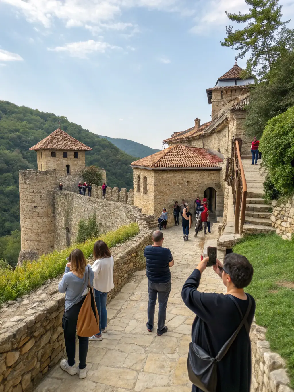 A photograph of a guided heritage tour in Eygurande, showcasing historical landmarks and cultural sites, as part of the Cultural Heritage Programs of ASS ICORANDA LIMOUSIN MARCHE AUVERGNE.