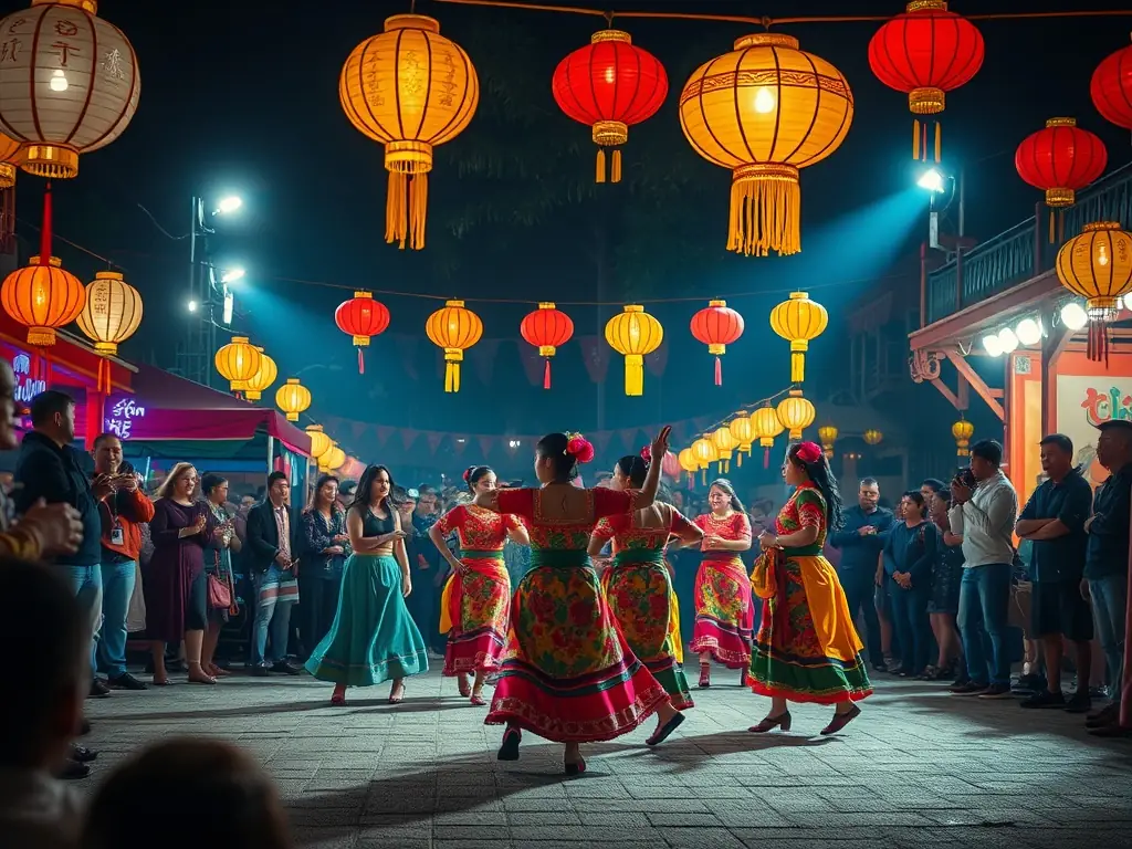 A lively outdoor festival scene with traditional dancers, musicians, and colorful decorations, attracting diverse visitors.