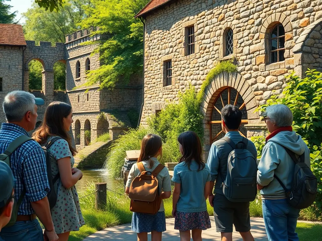 An image showing a guided heritage tour exploring historical sites and landmarks in the Eygurande region, emphasizing the educational aspect and the preservation of local history.